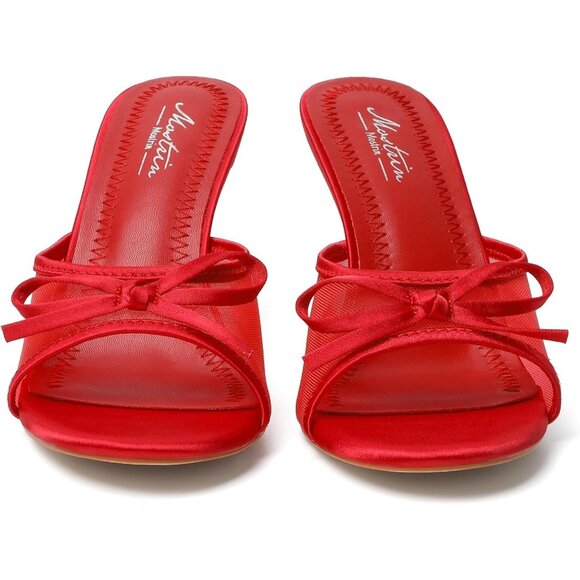 Women's Red Mesh Round Toe Heels With Bow Vintage Mules Sexy Slip on Stiletto - Picture 9 of 9